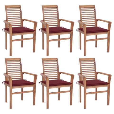 Krzesła stołowe z bordowymi poduszkami, 6 szt., drewno tekowe