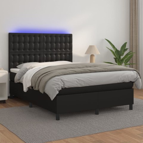 Łóżko kontynentalne z materacem i LED czarna ekoskóra 140x200cm