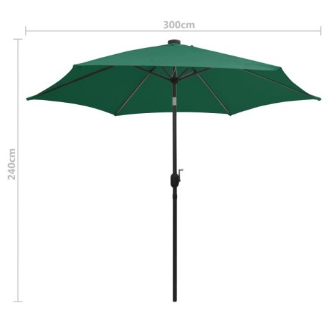 Parasol ogrodowy z LED i aluminiowym słupkiem, 300 cm, zielony