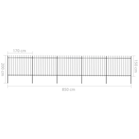 Ogrodzenie z prętów z grotami, stalowe, 8,5 x 1,5 m, czarne