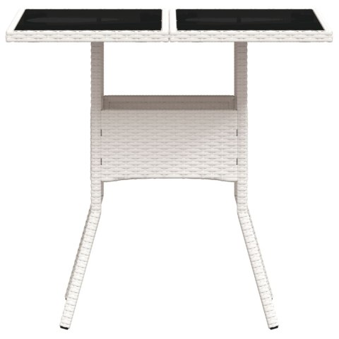 Stół ogrodowy ze szklanym blatem, biały 80x80x75 cm, polirattan