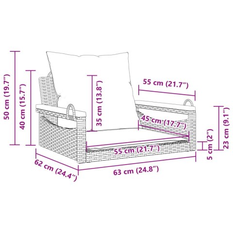 Ławka bujana z poduszkami, czarna, 63x62x40 cm, polirattan