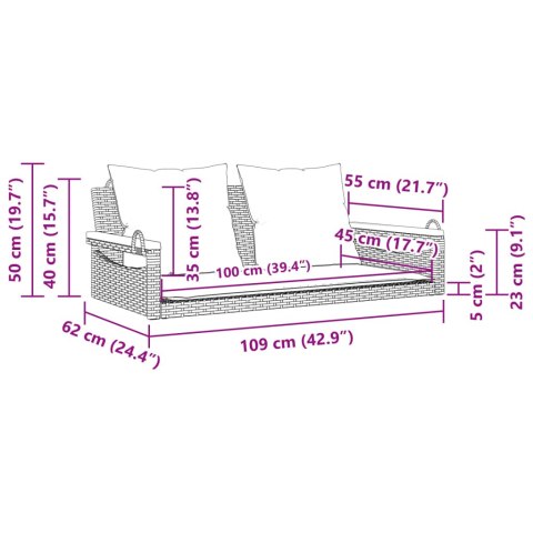 Ławka bujana z poduszkami, szara, 109x62x40 cm, polirattan