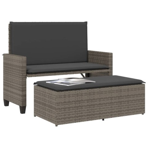 Ławka ogrodowa z poduszkami i podnóżkiem, szara, polirattan