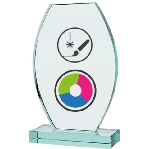 Trofeum szklane z nadrukiem kolorowym LuxorJet, grawerowaniem oraz wypełnieniem farbą i etui