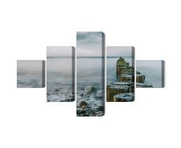 Obraz Wieloczęściowy Skalista Plaża I Drewniane Falochrony 3D