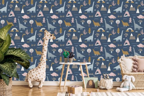 Tapeta Dla Dzieci Kolorowe Dinozaury Tęcza Chmury