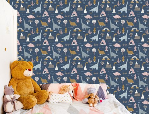 Tapeta Dla Dzieci Kolorowe Dinozaury Tęcza Chmury