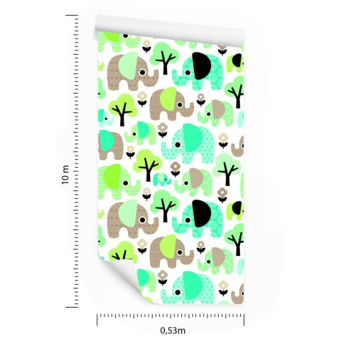 Tapeta Słonie Kwiaty Drzewa Zieleń Pokój Chłopca