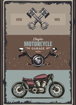 Plakat Motocykl Z Akcesoriami I Napisami W Stylu Vintage Rama Aluminiowa Kolor Czarny