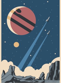 Plakat Rakiety Planety I Gwiazdy W Stylu Retro Rama Aluminiowa Kolor Czarny