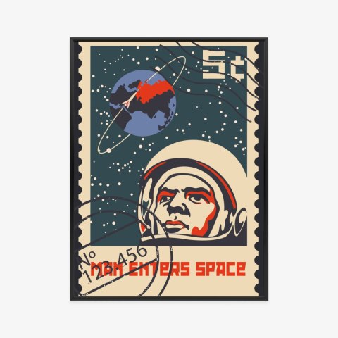 Plakat Znaczek Pocztowy Vintage Z Astronautą I Ziemią Rama Aluminiowa Kolor Czarny