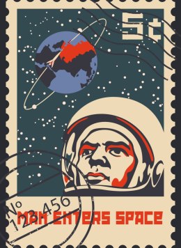 Plakat Znaczek Pocztowy Vintage Z Astronautą I Ziemią Rama Aluminiowa Kolor Czarny