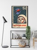 Plakat Znaczek Pocztowy Vintage Z Astronautą I Ziemią Rama Aluminiowa Kolor Czarny