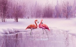Obraz Wieloczęściowy Flamingi Na Tle Fioletowego Krajobrazu