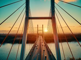 Fototapeta Beautiful Panoramic Aerial Drone View To Cable-Stayed Siekierkowski Bridge Over The Vistula River And Warsaw City Sky