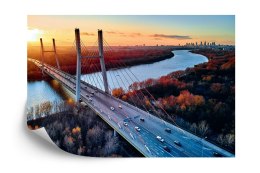 Fototapeta Beautiful Panoramic Aerial Drone View To Cable-Stayed Siekierkowski Bridge Over The Vistula River And Warsaw City Sky