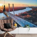 Fototapeta Beautiful Panoramic Aerial Drone View To Cable-Stayed Siekierkowski Bridge Over The Vistula River And Warsaw City Sky