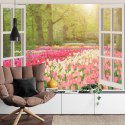 Fototapeta Window With Beautiful Spring Tulips Flowers Garden In Netherlands.