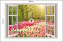 Fototapeta Window With Beautiful Spring Tulips Flowers Garden In Netherlands.