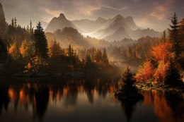 Fototapeta Ai Generated Image Of A Beautiful Landscape With Autumn Forest, A Lake And Hills