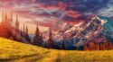 Fototapeta Awesome Alpine Highlands In Sunny Day. Scenic Image Of Fairy-Tale Landscape With Colorful Sky Under Sunlit, Over The 