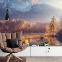 Fototapeta Awesome Nature Scenery. Beautiful Landscape With High Mountains With Illuminated Peaks, Stones In Mountain Lake, Refl