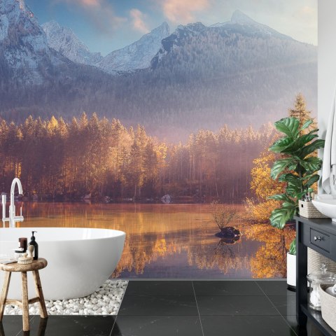 Fototapeta Awesome Nature Scenery. Beautiful Landscape With High Mountains With Illuminated Peaks, Stones In Mountain Lake, Refl