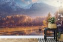 Fototapeta Awesome Nature Scenery. Beautiful Landscape With High Mountains With Illuminated Peaks, Stones In Mountain Lake, Refl