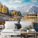 Fototapeta Awesome Sunny Landscape In The Forest. Wonderful Autumn Scenery. Picturesque View Of Nature Wild Lake. Sun Rays Throu