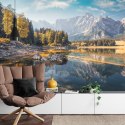 Fototapeta Awesome Sunny Landscape In The Forest. Wonderful Autumn Scenery. Picturesque View Of Nature Wild Lake. Sun Rays Throu