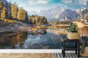 Fototapeta Awesome Sunny Landscape In The Forest. Wonderful Autumn Scenery. Picturesque View Of Nature Wild Lake. Sun Rays Throu