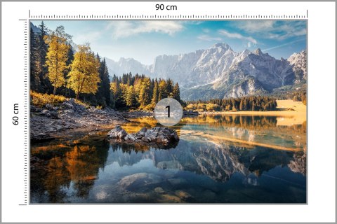Fototapeta Awesome Sunny Landscape In The Forest. Wonderful Autumn Scenery. Picturesque View Of Nature Wild Lake. Sun Rays Throu