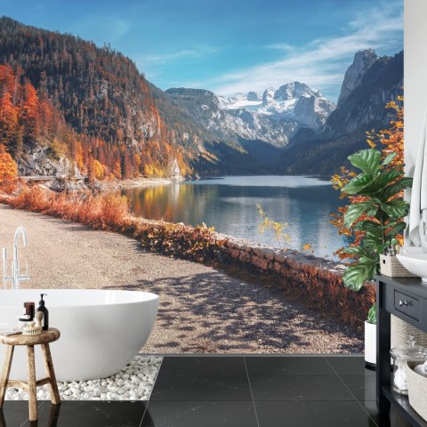 Fototapeta Beautiful Landscape Mountain Forest Lake. Amazing Autumn View Of Grundlsee Alpine Lake. Great Autumn Background For D