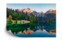 Fototapeta Calm Morning View Of Fusine Lake. Colorful Summer Sunrise In Julian Alps With Mangart Peak On Background, Province Of