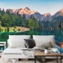 Fototapeta Calm Morning View Of Fusine Lake. Colorful Summer Sunrise In Julian Alps With Mangart Peak On Background, Province Of