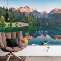 Fototapeta Calm Morning View Of Fusine Lake. Colorful Summer Sunrise In Julian Alps With Mangart Peak On Background, Province Of