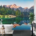 Fototapeta Calm Morning View Of Fusine Lake. Colorful Summer Sunrise In Julian Alps With Mangart Peak On Background, Province Of