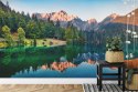 Fototapeta Calm Morning View Of Fusine Lake. Colorful Summer Sunrise In Julian Alps With Mangart Peak On Background, Province Of