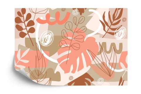 Fototapeta Contemporary Collage Seamless Pattern. Terracotta Abstract Shapes, Tropical Leaves And Continuous Line Of Leaf. Textu