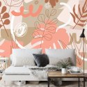 Fototapeta Contemporary Collage Seamless Pattern. Terracotta Abstract Shapes, Tropical Leaves And Continuous Line Of Leaf. Textu