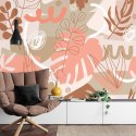 Fototapeta Contemporary Collage Seamless Pattern. Terracotta Abstract Shapes, Tropical Leaves And Continuous Line Of Leaf. Textu