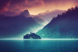 Fototapeta Fantasy Concept Showing A Lake Bled, Slovenia. Digital Art Style, Painting , Horizontal Side View, Skyline