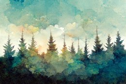 Fototapeta Forest Silhouette Background. Watercolor Painting Of A Spruce Forest