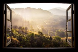 Fototapeta Landscape Nature View Background. View From Window At A Wonderful Landscape Nature View With Rice Terraces And Space 