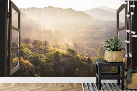Fototapeta Landscape Nature View Background. View From Window At A Wonderful Landscape Nature View With Rice Terraces And Space 