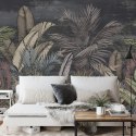 Fototapeta Pattern Wallpaper Jungle Tropical Drawings Of Palms Trees And Birds Of Different Colors With Birds And Black Backgrou