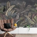 Fototapeta Pattern Wallpaper Jungle Tropical Drawings Of Palms Trees And Birds Of Different Colors With Birds And Black Backgrou