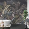 Fototapeta Pattern Wallpaper Jungle Tropical Drawings Of Palms Trees And Birds Of Different Colors With Birds And Black Backgrou