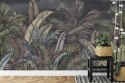 Fototapeta Pattern Wallpaper Jungle Tropical Drawings Of Palms Trees And Birds Of Different Colors With Birds And Black Backgrou